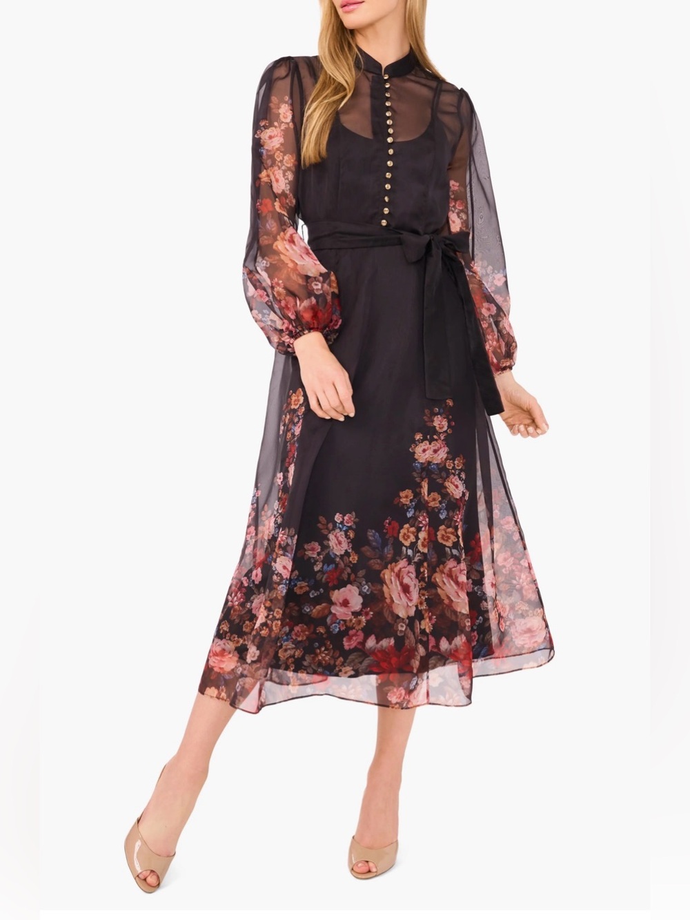 TED BAKER Placement Print Long Sleeve Organza Maxi Dress